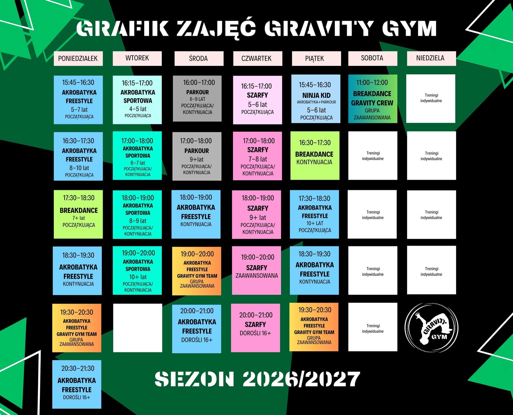 Grafik zajęć Gravity Gym — sezon 2026/2027
